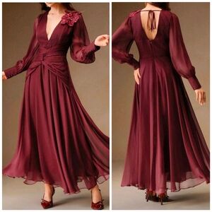New Luxe Sequin Floral Pintuck Ruched Waist Flare Long Dress Burgundy Red